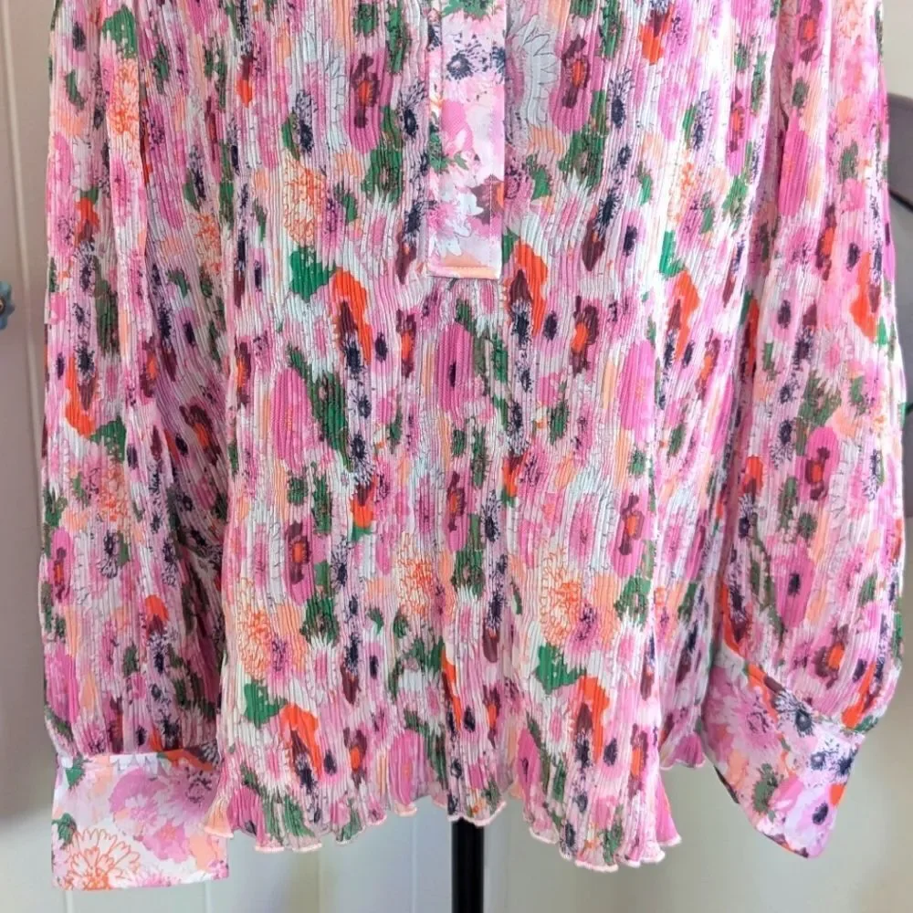 Ganni Floral Pleated Georgette Top 40 8/10 Gardencore Whimsical Barbiecore Boho